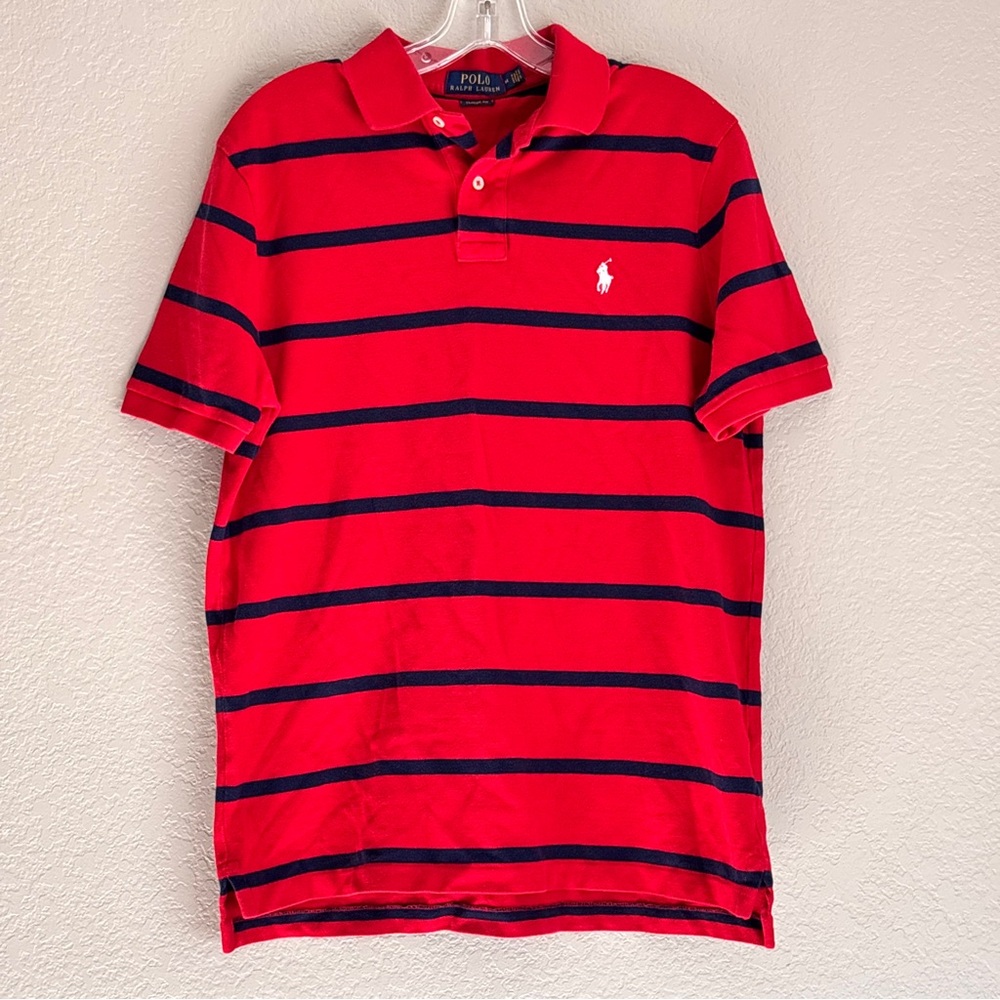 Vintage Ralph Lauren Men's Red and Blue Striped short sleeves Polo Shirt M